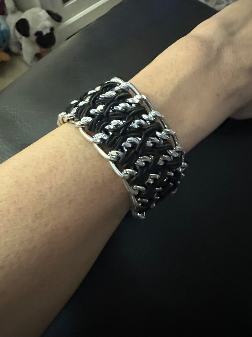 Men's Black Braided Leather and Silver Chain Bracelet